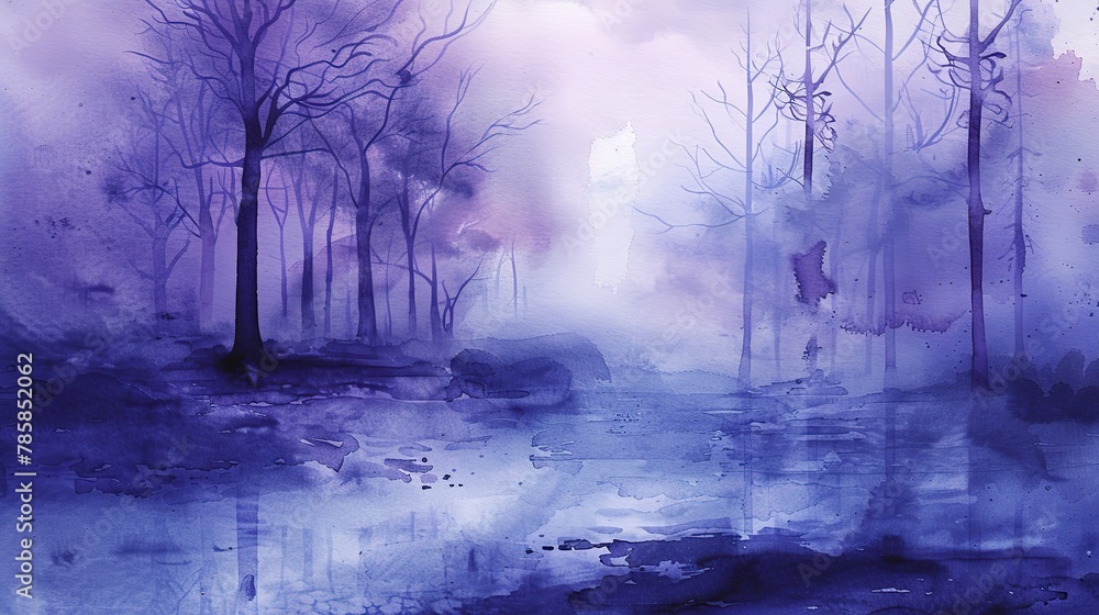 Soft watercolor washes in deep blues and purples, mimicking the twilight hues of short winter days. \