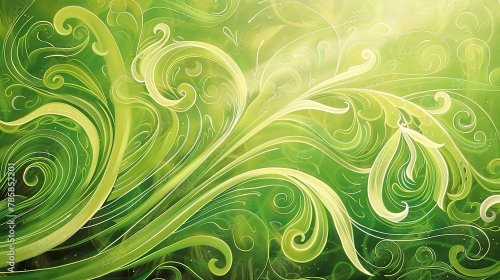 Swirling abstract motifs in fresh spring greens, representing new life and growth. Swirling abstract motifs in fresh spring greens, representing new life and growth.