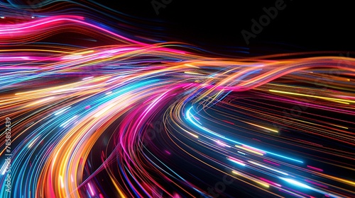 Dynamic abstract light streaks, vibrant colors on black, representing high-speed data transfer and digital communication.