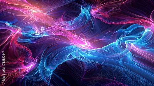 Fractal abstract designs in electric blues and neon pinks, depicting the complexity and beauty of digital algorithms. 