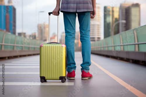 Angle View from the Feet of a Traveler with a Colorful Modern Suitcase - Highlighting City Contrast