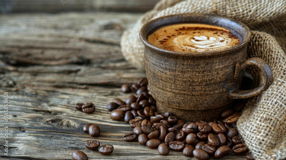 Cup of coffee latte and coffee beans in burlap sack on old wooden background