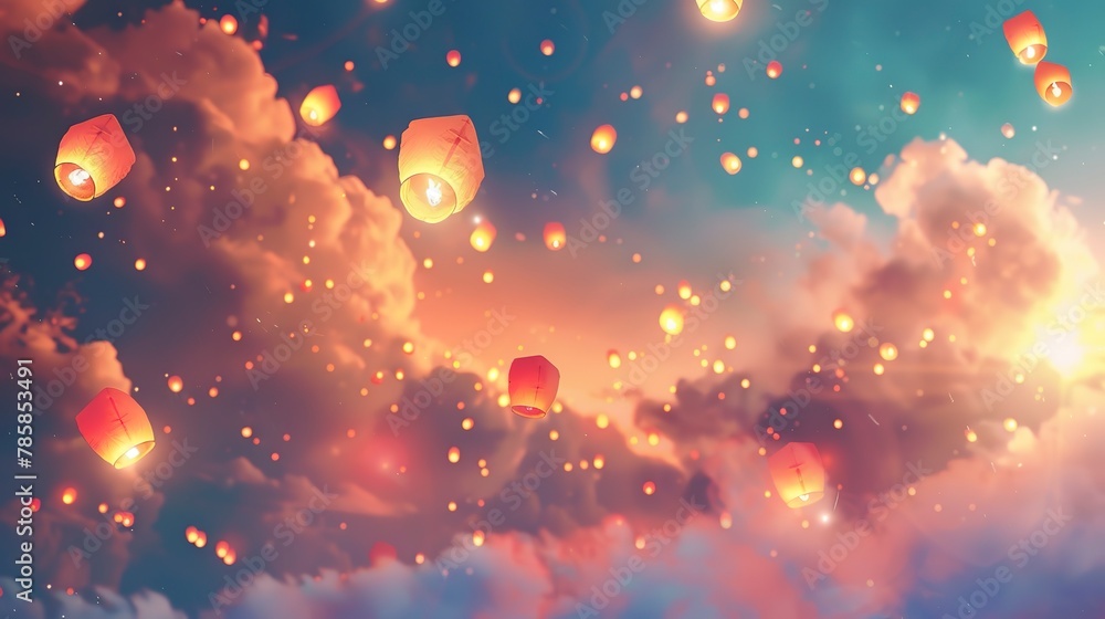 Softly glowing abstract lanterns floating into the sky, symbolizing release and wishes.