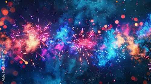 Abstract fireworks bursting in vibrant colors against a midnight blue, symbolizing celebration.