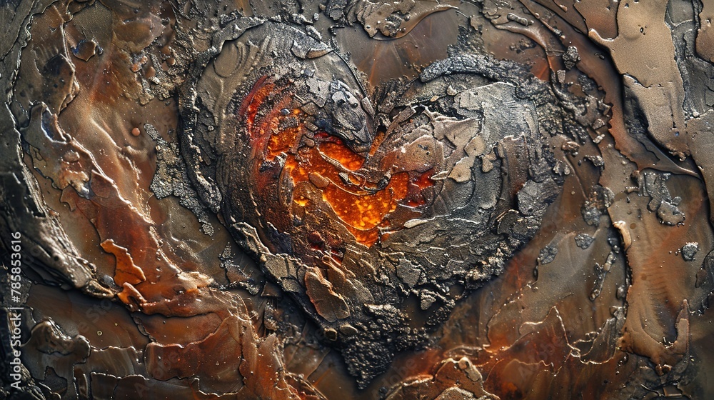 Abstract heart shapes merging with natural textures, representing unconditional love and strength. 