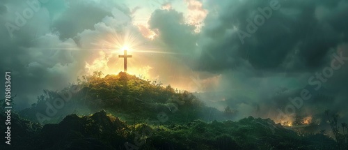 Symbol of salvation on a knoll, serenaded by divine light photo