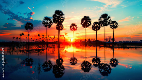 Sunset landscape with silhouette sugar palm trees in evening sky. photo