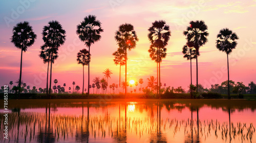 Sunset landscape with silhouette sugar palm trees in evening sky. photo