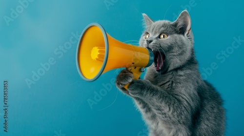 Funny grey cat screams with a yellow loudspeaker on a blue background, creative idea. Fun pet kitten speaks into a megaphone.