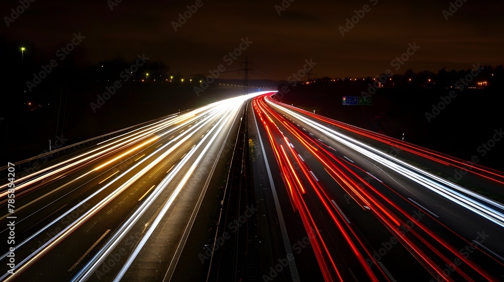 A long exposure photo of the lights on a highway at night, creating streaks and patterns in red, white, and yellow lights, with a dark background, showcasing motion and speed.  