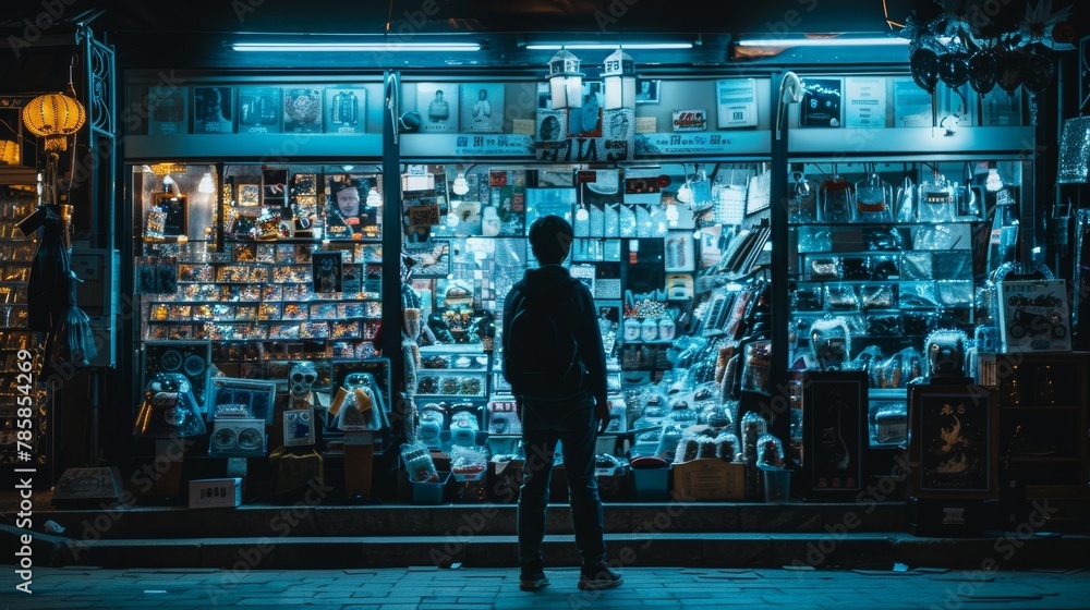 A lone figure with back turned stands in front of a haunting display of eerie prizes unsure of whether to take a chance or walk . . - obrazy, fototapety, plakaty 