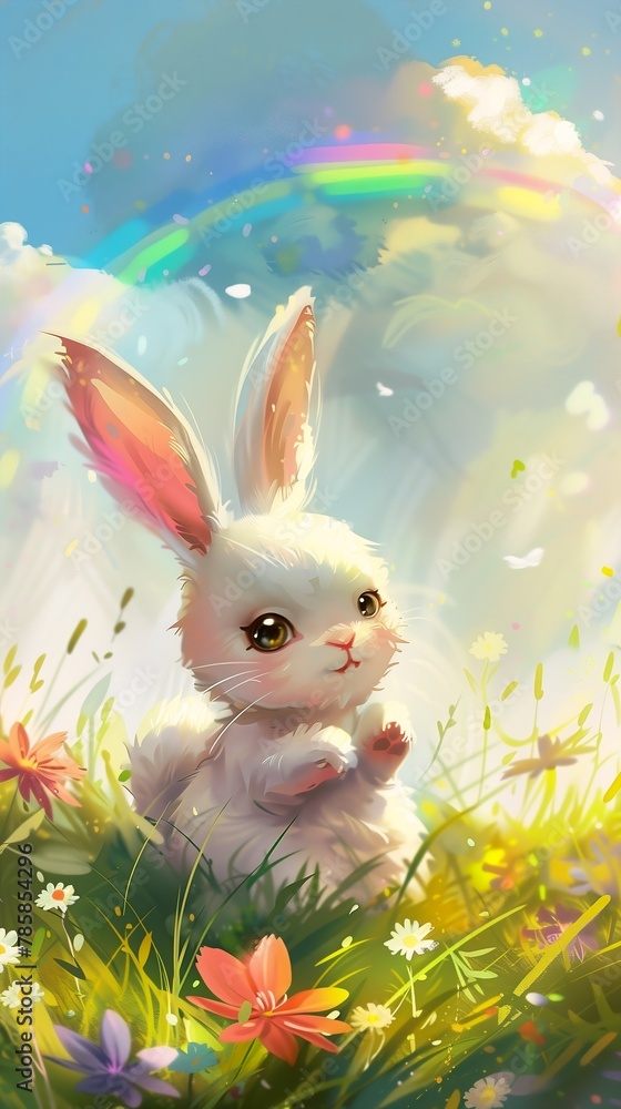 white rabbit sitting grass flowers illustration big eyes environment ...