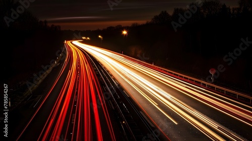 A long exposure photo of the lights on a highway at night, creating streaks and patterns in red, white, and yellow lights, with a dark background, showcasing motion and speed. 