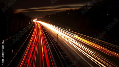 A long exposure photo of the lights on a highway at night, creating streaks and patterns in red, white, and yellow lights, with a dark background, showcasing motion and speed. 