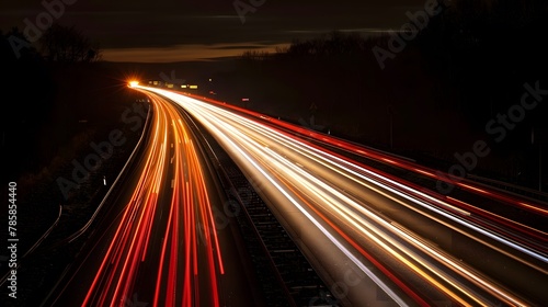 A long exposure photo of the lights on a highway at night  creating streaks and patterns in red  white  and yellow lights  with a dark background  showcasing motion and speed.  