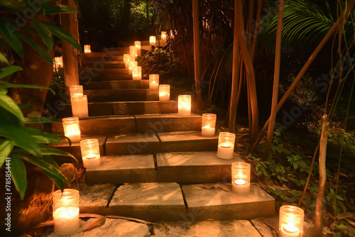 stone walkway in the resort with the lamp put on the way, resort with the nature in forest,