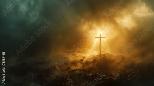 Sacred silhouette on Golgotha, sunbeams through stormy heavens