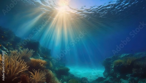 水中の景色、太陽の光、青のグラデーション、穏やかな水中シーン、水中での光の拡散、海の深さ、静かで神秘的、透き通る水