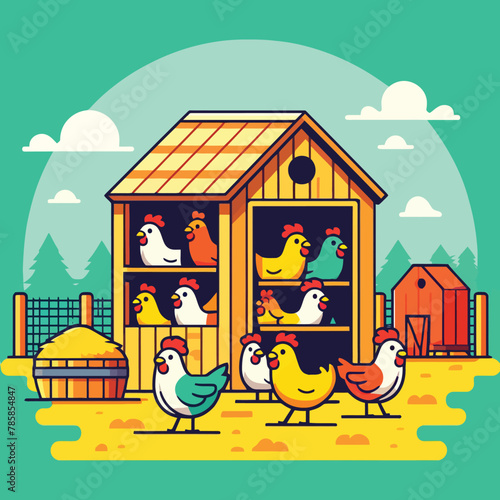 farm animal illustration of a chicken in a coop
