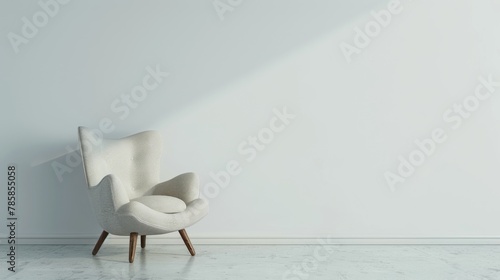 Modern minimalist interior with an armchair on empty white color wall background.3d rendering