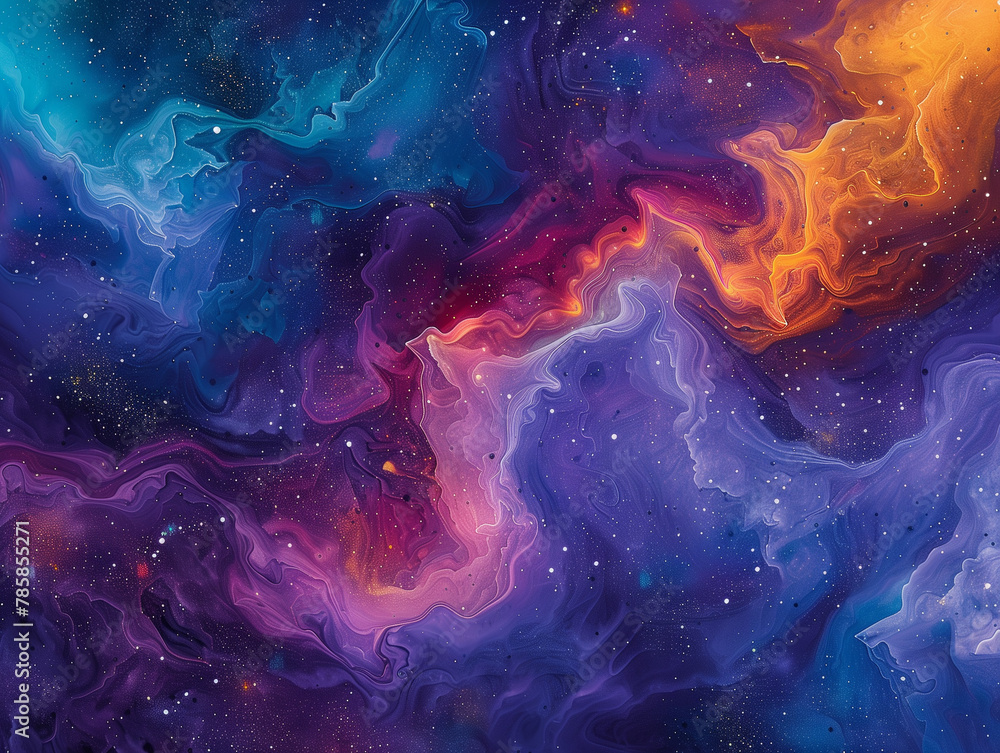 A colorful painting of a galaxy with a purple and orange swirl - obrazy, fototapety, plakaty 