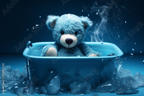 A plush teddy bear sitting in a tub surrounded by melting ice © Rytis