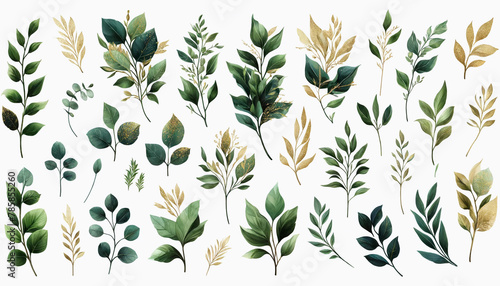 A watercolor floral illustration set featuring green and gold leaf branches, ideal for use in wedding stationary, greeting card design, wallpapers, fashion