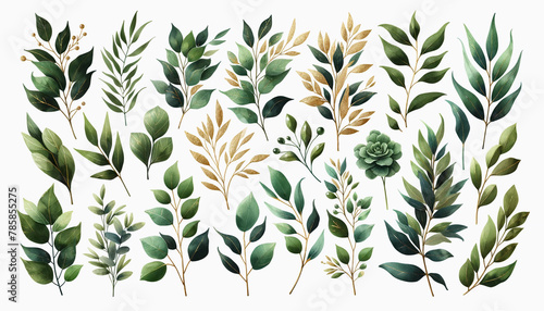 A watercolor floral illustration set featuring green and gold leaf branches, ideal for use in wedding stationary, greeting card, wallpapers, fashion