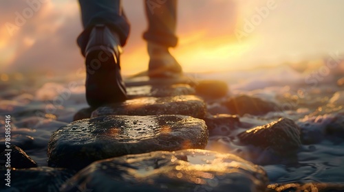 Close-up of a man's legs on a mysterious stone path under bright light. Man steps towards success on an uncertain path in conceptual theme. photo