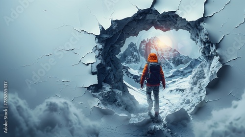 man standing front hole snow association matte time climb mountain path surrealism rise adventurer