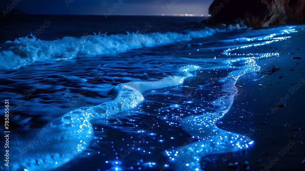 Fototapeta premium The blue waves of the sea in the dark night, bioluminescent fireflies glowing and shimmering with silver light, The waves beat against the rocks on the shore, an atmosphere full of mystery and tranqui