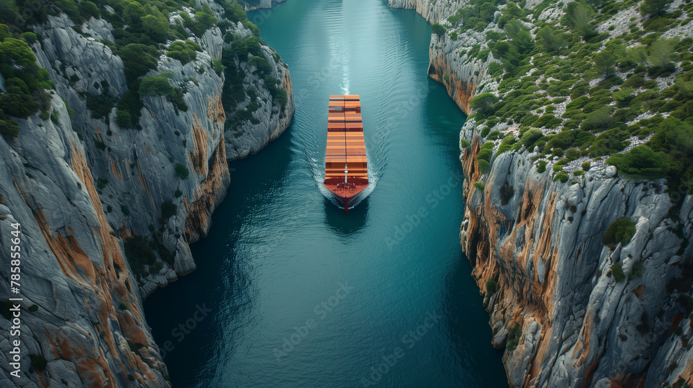 A large red ship is traveling through a narrow river