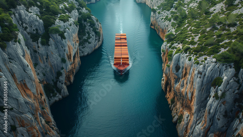 A large red ship is traveling through a narrow river