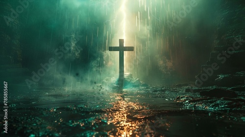 Golgotha's cross stands resilient, amidst the dance of light and dark #785855667