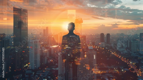 The double exposure image of the business man standing back during sunrise overlay with cityscape image. The concept of modern life  business  city life and internet of things.