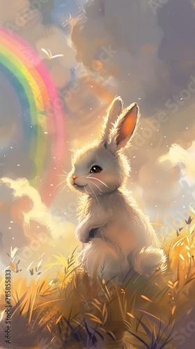 white rabbit sitting field background toon shading colored fur drooping rabbity ears bright anisotropic filtering photo