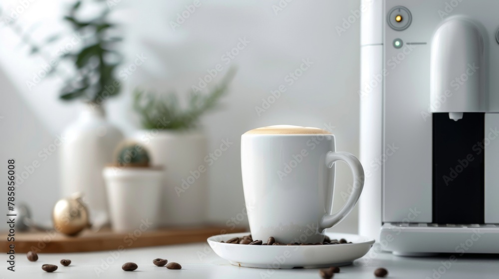 white coffee cup, coffee beans, coffee machine white coffee cup, coffee beans, coffee machine