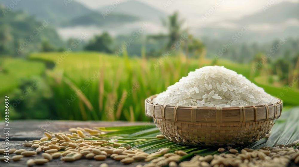 White rice and paddy rice with rice field background. White rice and paddy rice with rice field background.