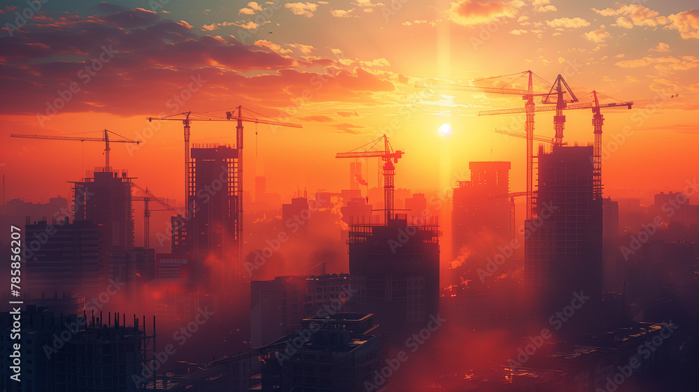Obraz premium A city skyline with a large sun in the sky