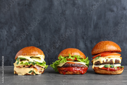 Tasty burgers on grey grung...