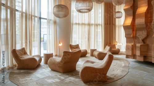 The room was filled with soft furnishings from the corkupholstered chairs to the curtains made of soundabsorbing cork fabric. The surfaces provided both visual interest and acoustic . photo