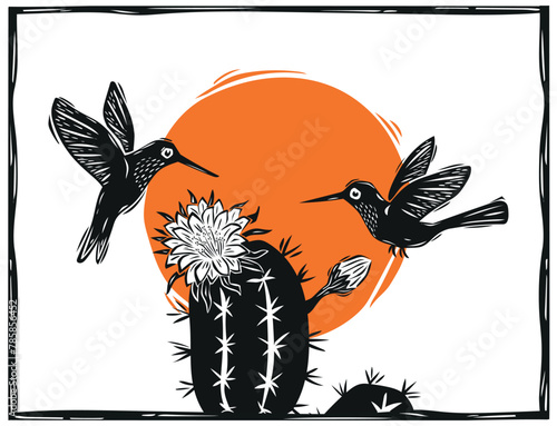 Hummingbirds on a cactus flower (Mandacar?). Woodcut in the northeastern cordel style. Vector illustration.eps