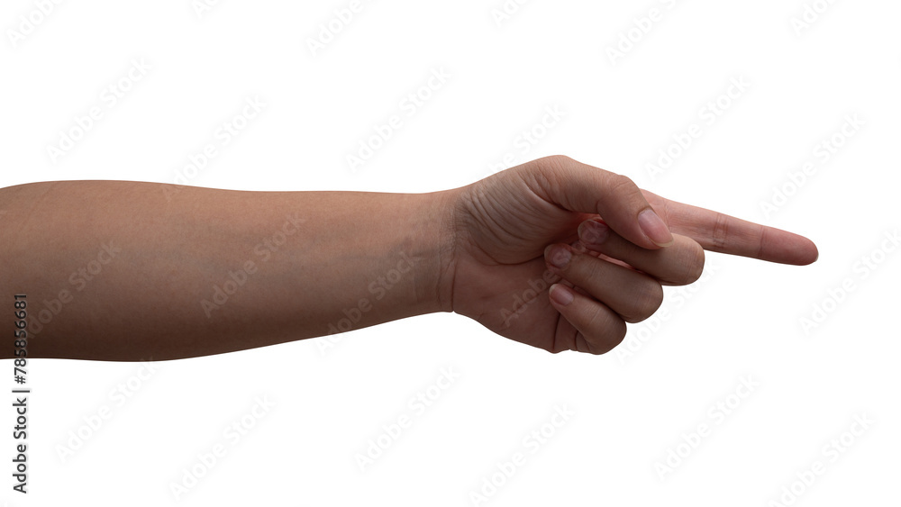 Male hand touching or pointing to something isolated on white background.