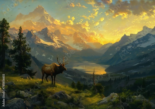 deer mountain landscape lake mountains background album trance color mage tower far away bright volumetric sunlight hunting bisons sunrise expansive view