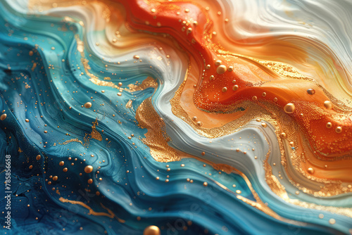 Abstract background with swirling patterns in blue, orange and gold colours, resembling marble or a fluid liquid. Created with Ai