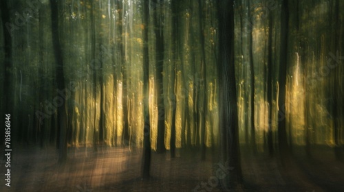 Blurred image of towering trees in a natural untouched landscape emphasizing the crucial role of conservation in safeguarding our forests. . © Justlight