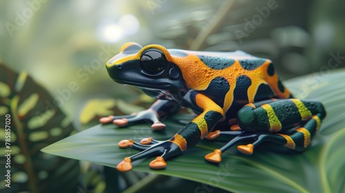 Close view of a colorful poison dart frog on a leaf photo