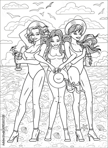 Coloring page with three young beautiful women with cocktail drinks and hat on vacation on beach against seascape. Summer background, travel concept, line art. 