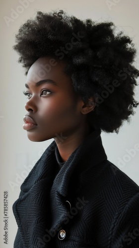 closeup woman black coat natural skin model hair defined features pictured shoulders soft bright girl refined nose womanhood