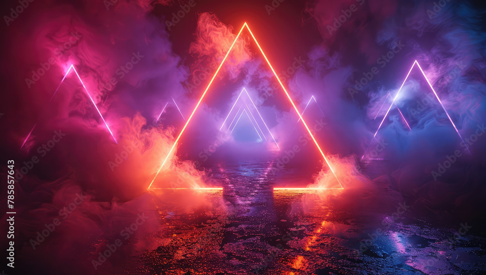 3d rendering of colorful neon light in the shape of triangles arranged to form an isosceles triangle, floating above dark background with smoke and fog. Created with Ai